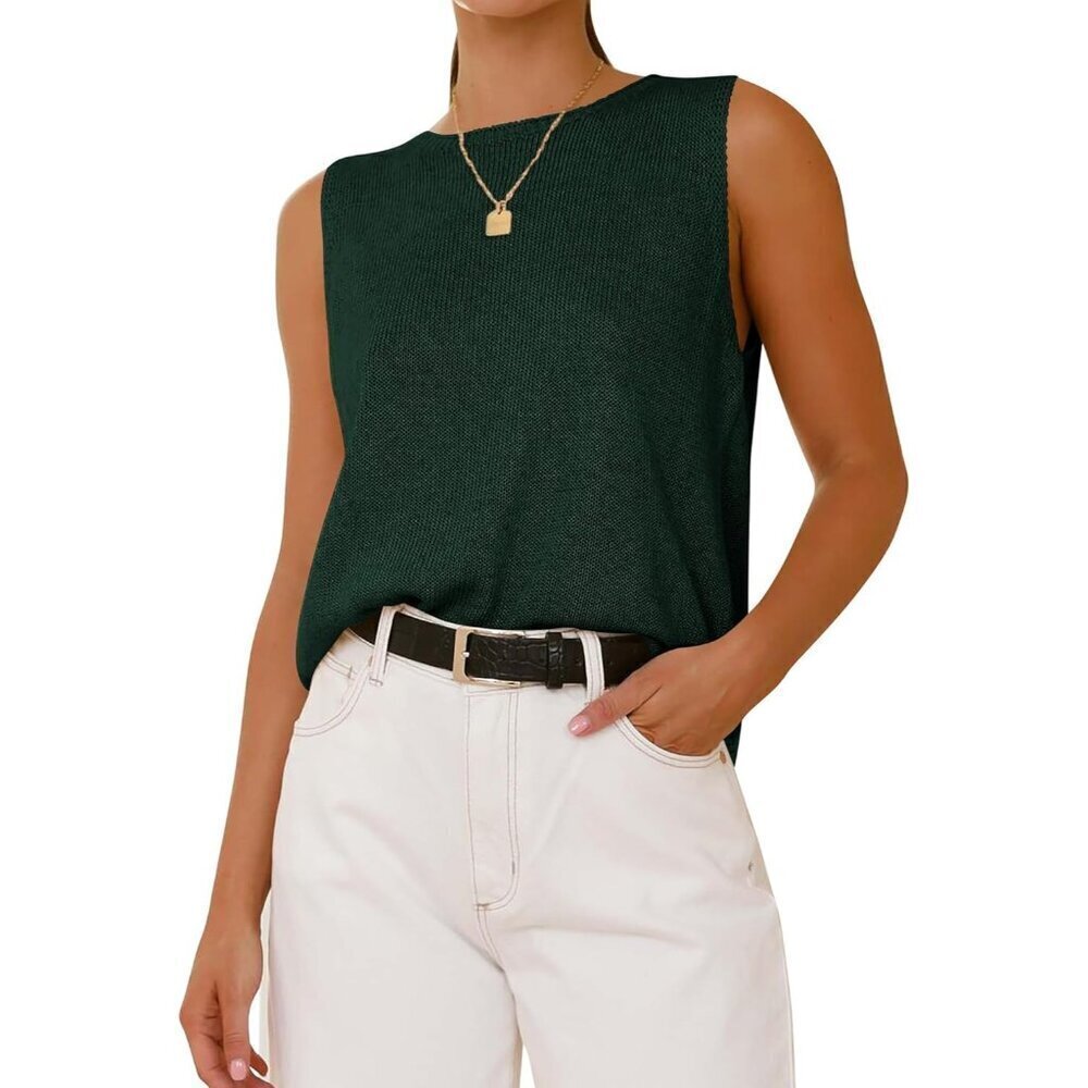 🆕Btfbm Women Green Sleeveless Neck Ribbed Knit Lightweight Pullover Sweaters